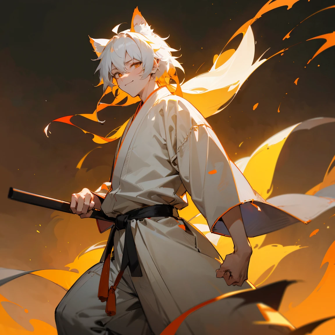(best quality,4k,highres,masterpiece:1.2),ultra-detailed,physically-based rendering,professional,vivid colors,bokeh,portrait,anime,messy White Hair,Fiery Orange Eyes,Karate Gi,baggy grey pants,smiling expression,temple background,standing in outdoor martial arts temple, young male , 1male , martial arts clothing , Kitsune Ears