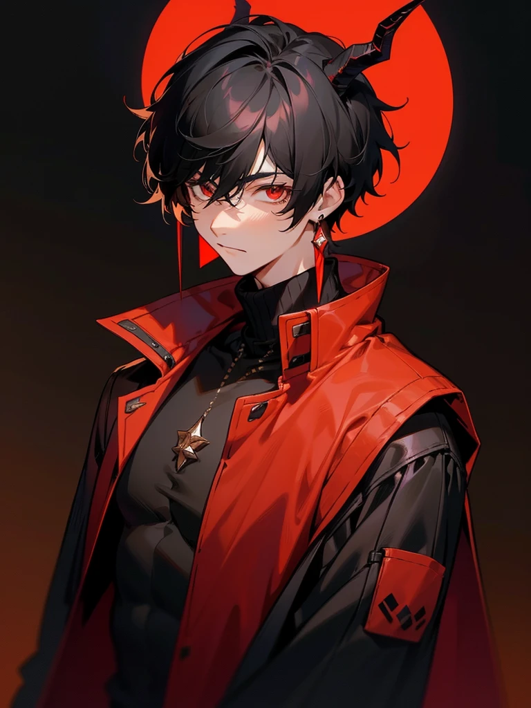 1 teen boy, scruffy black hair, bangs, red eyes, moon, dark night, long earrings, hoodie, horns, looking at viewer, upper body, no hands, fantasy aesthetics, highly detailed,