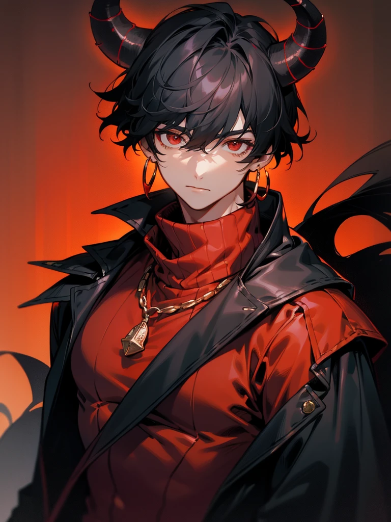 1 teen boy, scruffy black hair with slight red, bangs, red eyes, long earrings, loose jacket, skin tight turtleneck shirt, muscles, medium sized horns, looking at viewer, upper body, no hands, fantasy aesthetics, highly detailed, dark background