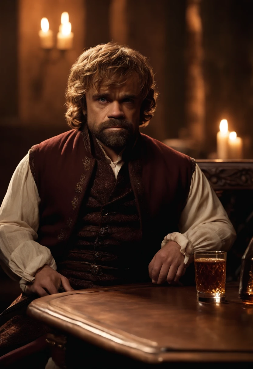 The image is of Tyrion sitting in a dimly lit tavern, engaged in a game of Cyvasse with a sly smile on his face.,Game of Thrones TV series,Tyrion Lannister, a prominent character from “Game of Thrones,” is distinctive for his short stature due to dwarfism, but he more than compensates with his sharp, expressive eyes and a charismatic, knowing smile. His appearance is further characterized by his well-groomed beard and hair, alongside rich, finely tailored clothing that reflects his high-born status.