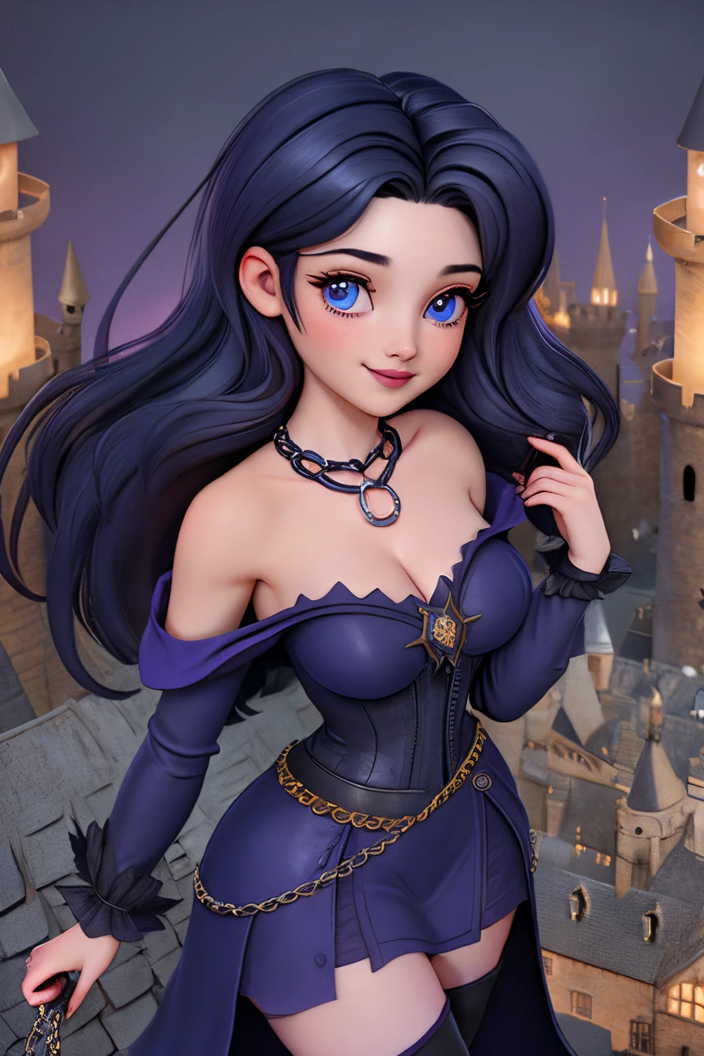 close up 1girl in, 20years, Solo, Aesthetic artwork, long dark blue hair, thick dark blue hair, light blue eyes, clear skin, pale skin, massive breasts, DD-Cup, cleavage, fit body, (round hips, thin waist: 1.25), (Sirius face, dark lipstick, mischievous smile:1.1), key necklace, (wearing full length robes purple, corset, bare shoulders, thigh high boots, chains:1.1), (mage pose:1.25), (detailed Castle roof background:1.1), rooftop, overlooking medieval city, 24mm, 4k textures, soft cinematic light, RAW intricate, elegant, highly detailed, sharp focus, ((((cinematic look)))), soothing tones, insane details, intricate details, hyperdetailed, low contrast, soft cinematic light, dim colors, exposure blend, hdr, faded