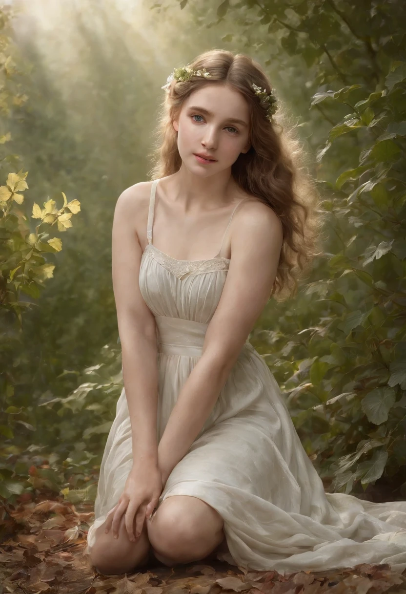 (Pièce maîtresse : 1.2), Retro mysterious, hauntingly beautiful, soft blonde, sexy natural fibers dress, twigs, detailed colorful, leaves and straws, flowers in the hair, sensual , dimly lit, moody lighting, professional photo forest backdrop, lying in the grass, lying on her back, open legs, shaved pussy

