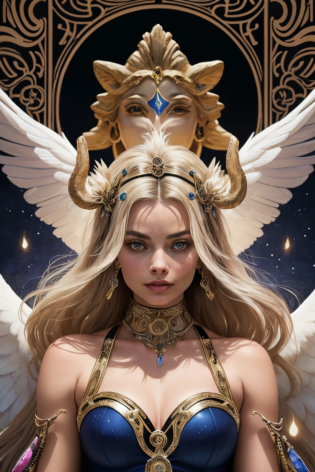 "Generate an AI-powered artwork that envisions Margot Robbie as a mythical figure drawn from the rich tapestry of mythology. Picture her adorned in ethereal attire, blending elements of various mythologies to create a unique and fantastical ensemble. Imagine her surrounded by symbolic motifs and creatures from mythology, each representing facets of her charisma and talent. Incorporate elements that embody both strength and grace, capturing the essence of mythical beings. Utilize a color palette inspired by the hues of ancient myths, invoking a sense of timelessness and wonder. The final image should be a visual ode to Margot Robbie as a contemporary muse embodying the allure and mystery of mythical realms."