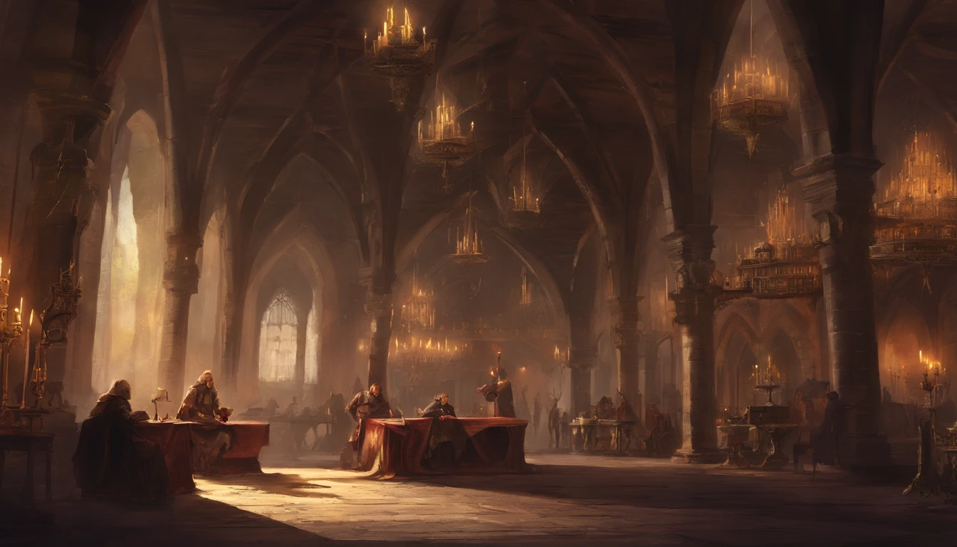 inside a medieval fantasy noble estate in the corner of a grand hall in the evening, farther away from prying eyes and ears, the atmosphere is of conspiracy, there are nobles gathered and chatting