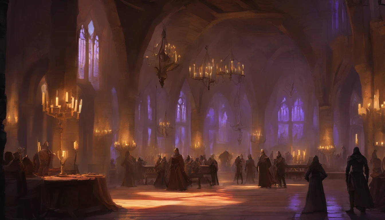 inside a medieval fantasy noble estate in the corner of a grand hall in the evening, farther away from prying eyes and ears, the atmosphere is of conspiracy, there are nobles gathered and chatting