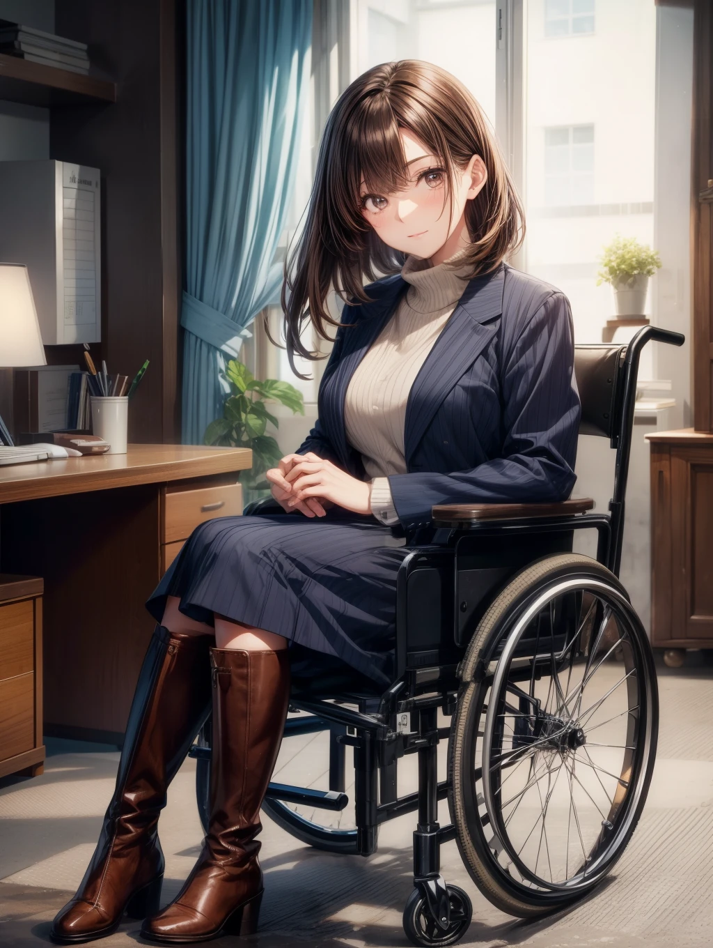 1人の女性、Best Quality, masutepiece, Beautiful mature、Beautiful face、Strong-minded woman、Being in a wheelchair、Office Suits、long boots、brown haired、Brown-eyed、Bob Hair、40 years、adult lady、Full body like、