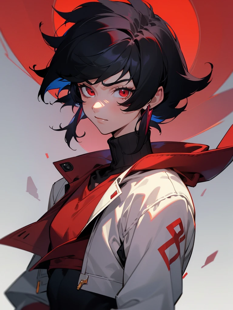 1 teen boy, scruffy black hair with slight red, bangs, red eyes, long earrings, loose jacket, skin tight turtleneck shirt, muscles, medium sized horns, looking at viewer, upper body, no hands, fantasy aesthetics, highly detailed, dark background