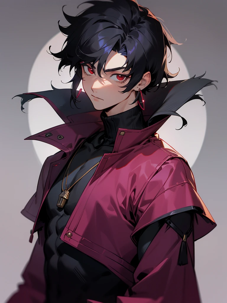 1 teen boy, scruffy black hair with slight red, bangs, red eyes, long earrings, loose jacket, skin tight turtleneck shirt, muscles, medium sized horns, looking at viewer, upper body, no hands, fantasy aesthetics, highly detailed, dark background