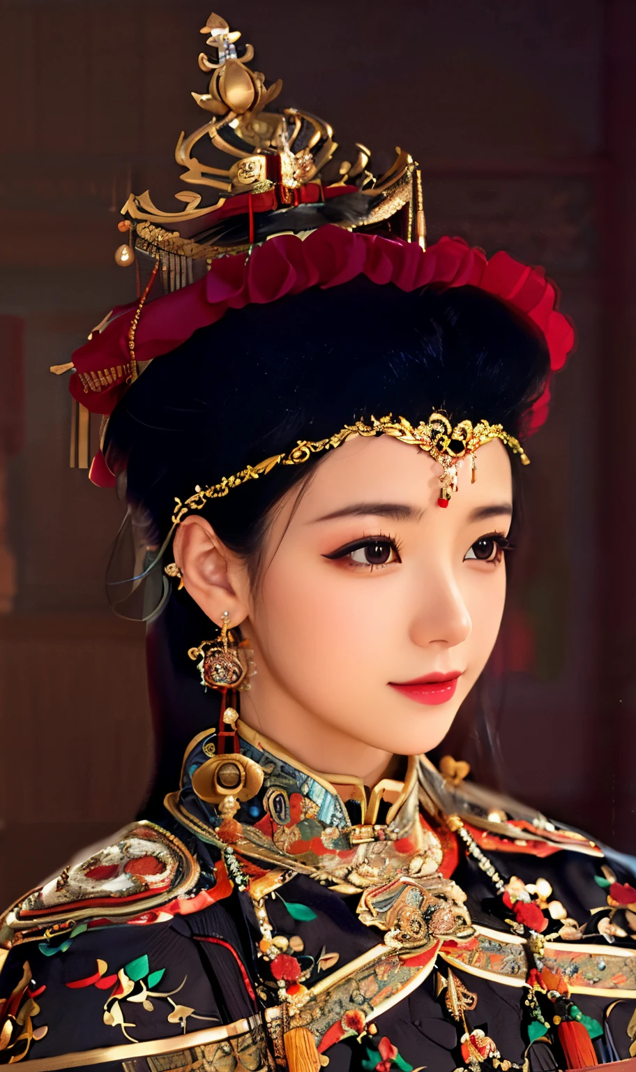 (Best quality at best,4K,8K,A high resolution,tmasterpiece:1.2),ultra - detailed,(actual,realistically,realistically:1.37),Ultra HD face, HighDynamicRange,hyper HD,Studio lighting,Ultra-fine painting,Focus sharp,physically-based renderingt,Extremely detailed description,professional,terror,japanese manga,sci-fy,photography of,Concept artist, one wearing a crown、a close up of a woman with a black dress on, 宮 , Qing dynasty, Wearing ancient Chinese clothes, Princesa chinesa antiga, TRADITIONAL CHINESE COSTUMES