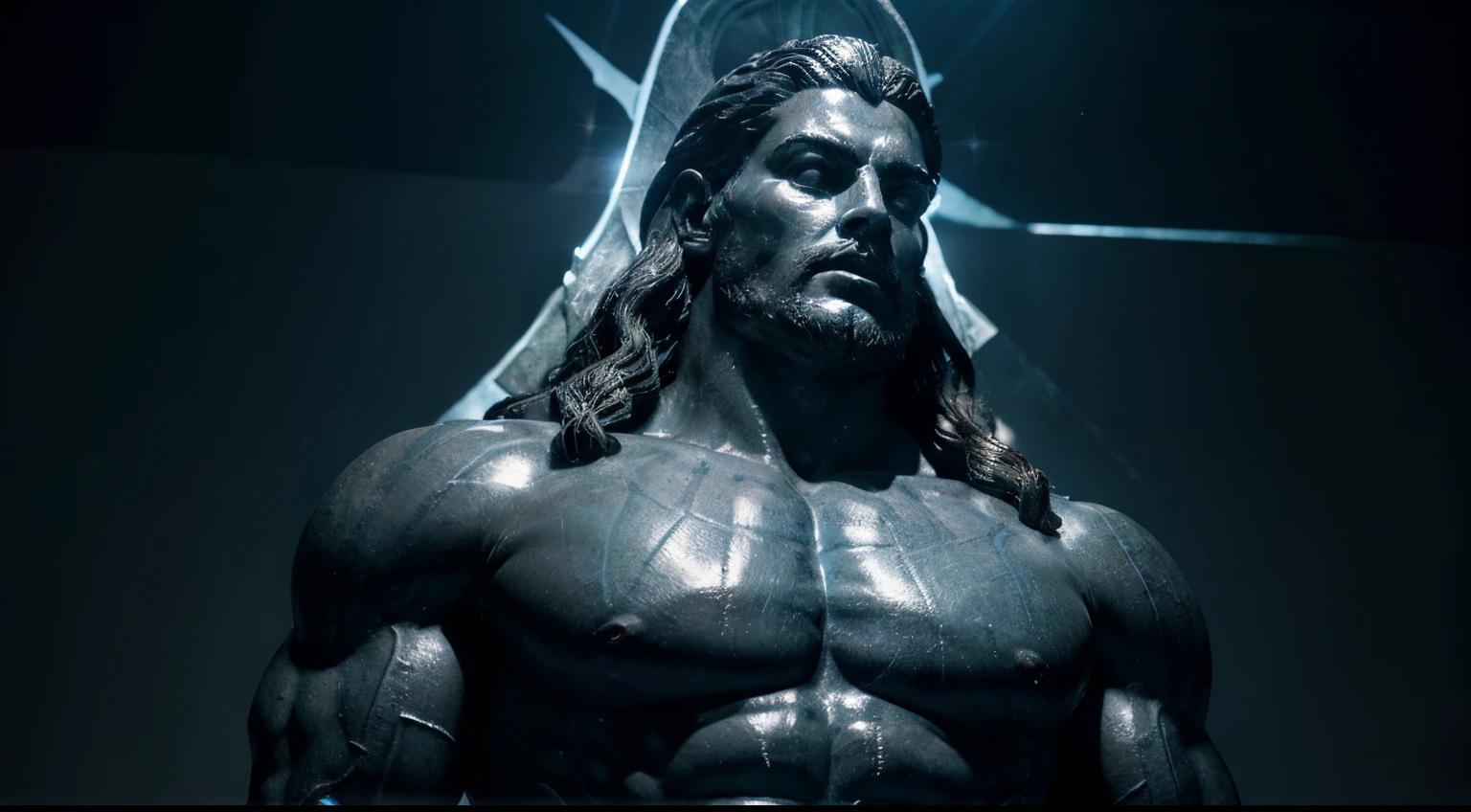 Stoic Greek Hercules style statue with muscles highlighted dark background, Zoro um , Perfect centering, coelho (franco)de Donnie, standing position, beleza abstrata, Centrado, looking at the camera, facing the camera, approaching perfection, triste, desespero, corpo inteiro, hands on your head, dynamic, altamente detalhado, liso, sharp focus, 8k, high definition resolution, illustration, arte de carne Griffiths e Wadim Kashin, fundo branco, vibrant cores, inconceivable and spectacular a scene of the emergence of a glowing cloud figure, fios de nebulosas fractais, cosmic entities, celestiais, cosmic, vibrant and vivid, redemoinhos, Torneamento, irreal, Alto contraste, simbolismo, Magia, Mystic, mistificador, hiper-realista, supersaturado, colorido