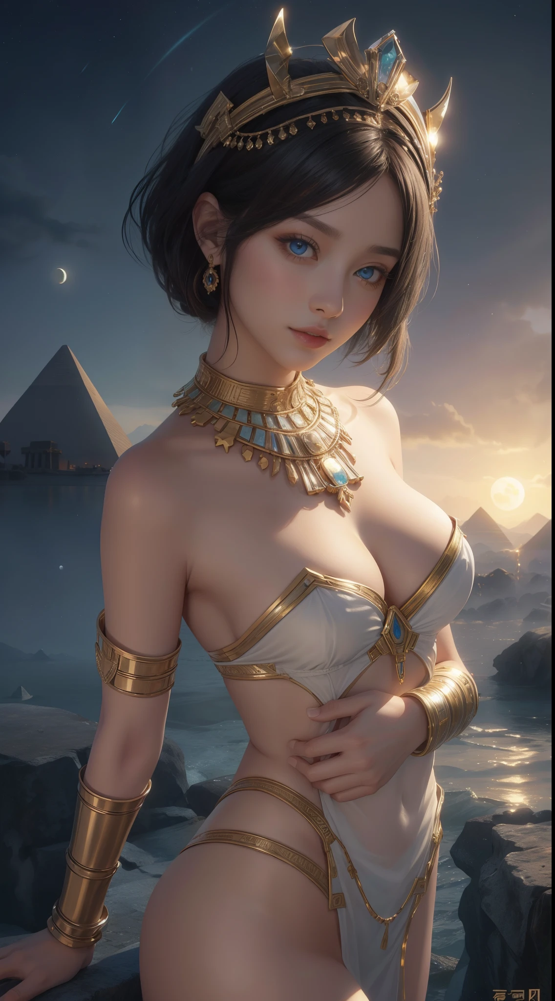 tmasterpiece,Highest image quality,Beautiful bust of noble ancient egyptian girl,Delicate black hairstyle,Short hair tied up,clear sea blue eyes,Ancient Egyptian white clothes were simple and elegant,Ancient Egyptian civilization,pyramid,A desert,Moonlight super detailed,advanced。At the Pixiv Art Station,Break your own power,Luigi,Big breasts exposing cleavage,R-18G