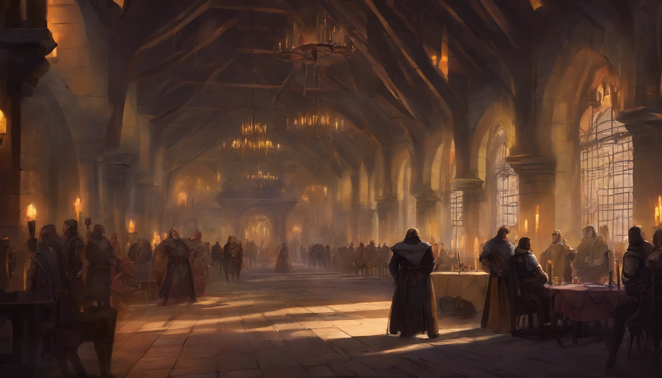 inside a medieval fantasy noble estate in the corner of a grand hall in the evening, there are many nobles gathered and chatting at a social gathering, the atmosphere is of conspiracy,