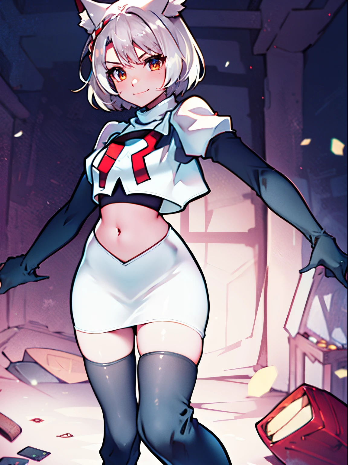 face of mio \(xenoblade\), 1girl,team rocket,team rocket uniform, red letter R, white skirt,white crop top,black thigh-high boots,black elbow gloves, cat ears, white hair
