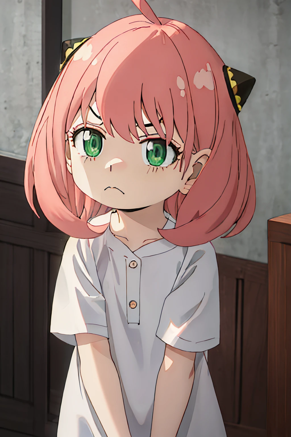 Best Quality, masutepiece, hight resolution, Solo, {Anya_Forger_SPYXFamily:1.15}, Pink_hair, Female_child, child, Green_Eyes, Open_Mouth, Bangs, 1girl in, Closed_Mouth, meme, Ahoge, 上半身_Body, frown, Medium_hair