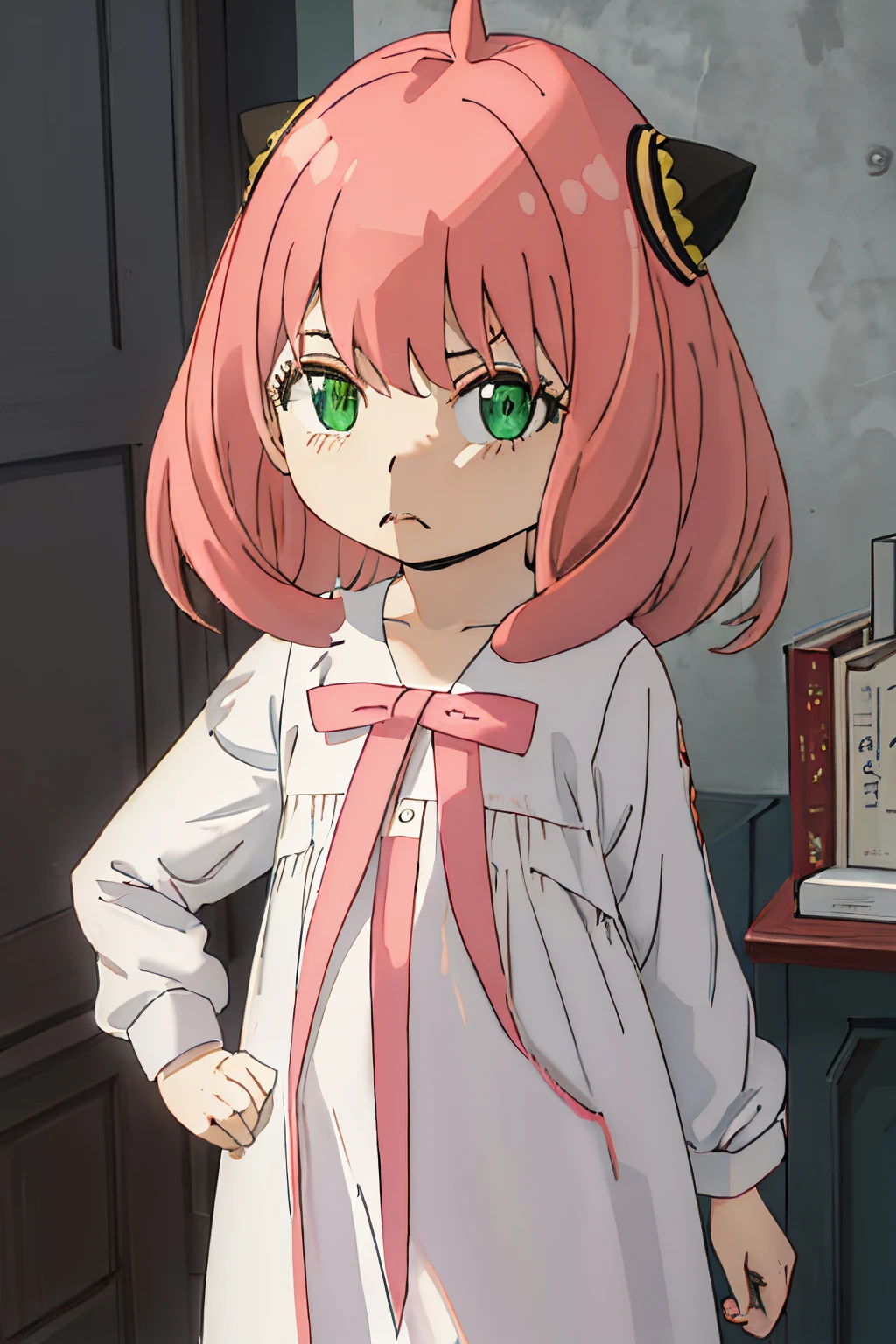 Best Quality, masutepiece, hight resolution, Solo, {Anya_Forger_SPYXFamily:1.15}, Pink_hair, Female_child, child, Green_Eyes, Open_Mouth, Bangs, 1girl in, Closed_Mouth, meme, Ahoge, 上半身_Body, frown, Medium_hair