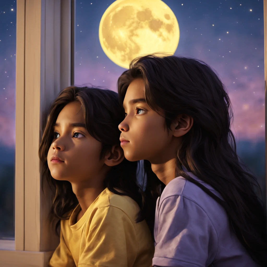  A beautiful African fair in complexion teenage girl with long curly ponytail full hair wearing an ash colored pyjamas, standing by the window and looking at the moon with tears in her eyes in her room crying. Another light skinned African girl sitting on the bed in her room, wondering why she is crying. Outside environment dark as night realistic paint 