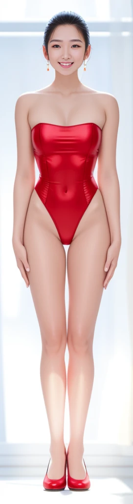 On the white background，A tall and beautiful Chinese girl，with fair skin，Toothy smile，A big smile，When you laugh, Your eyes are crescent-shaped，fringe，Wear a one-piece swimsuit and pumps，Swimsuits are decorated with joyful patterns, Stand up straight，Stand upright，hands on sides，Symmetrical distribution，Ray tracing，All shaded areas，No windows, Soft lighting, Warm light，Without sunlight, Studio light, 1.4x Realistic Ultra HD