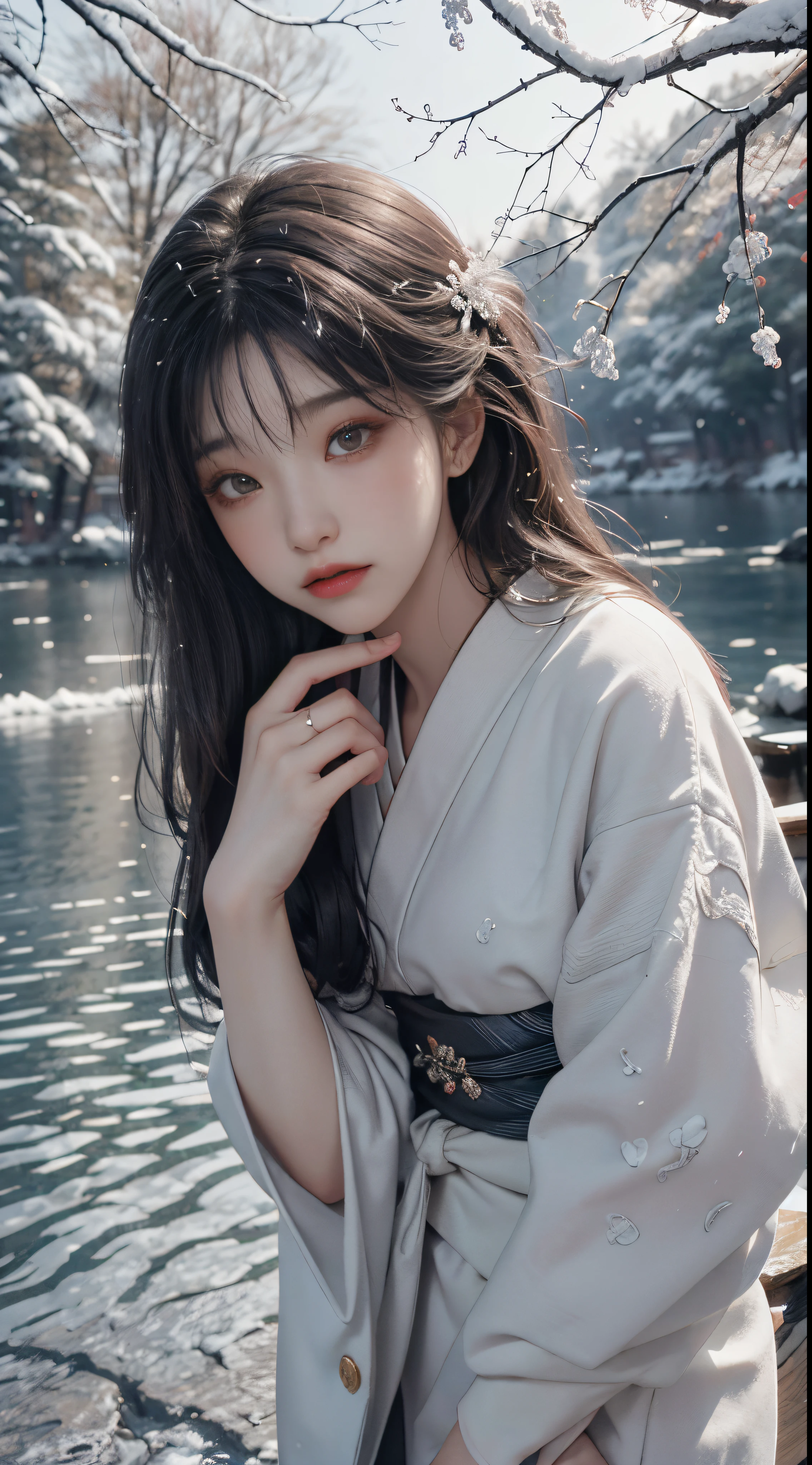 tmasterpiece、Best quality at best、stunning reflection、best reflection ever。 (Highly detailed CG Unity 8k wallpaper)、(top-quality)、(The best illustrations)、(The best shadow)、(Novi)、((Winter scene)、(It's snowing)、(Snow accumulates on leaves and branches)、(There is snow on a big stone by the river)、(snow mountains))、Theme on natural elements、Tranquil lake、Glow particle effect、((1人の女性、40 years、Nice face、in a kimono、beautiful hairl、Long gray hair))、(nature elements)、("small stream" The subject)、(bacteria)、(tree branch)、(delicate leaves)、(Glow)、(particle effect)。 、isometric 3D、Octagonal rendering、layman tracking、ultra - detailed