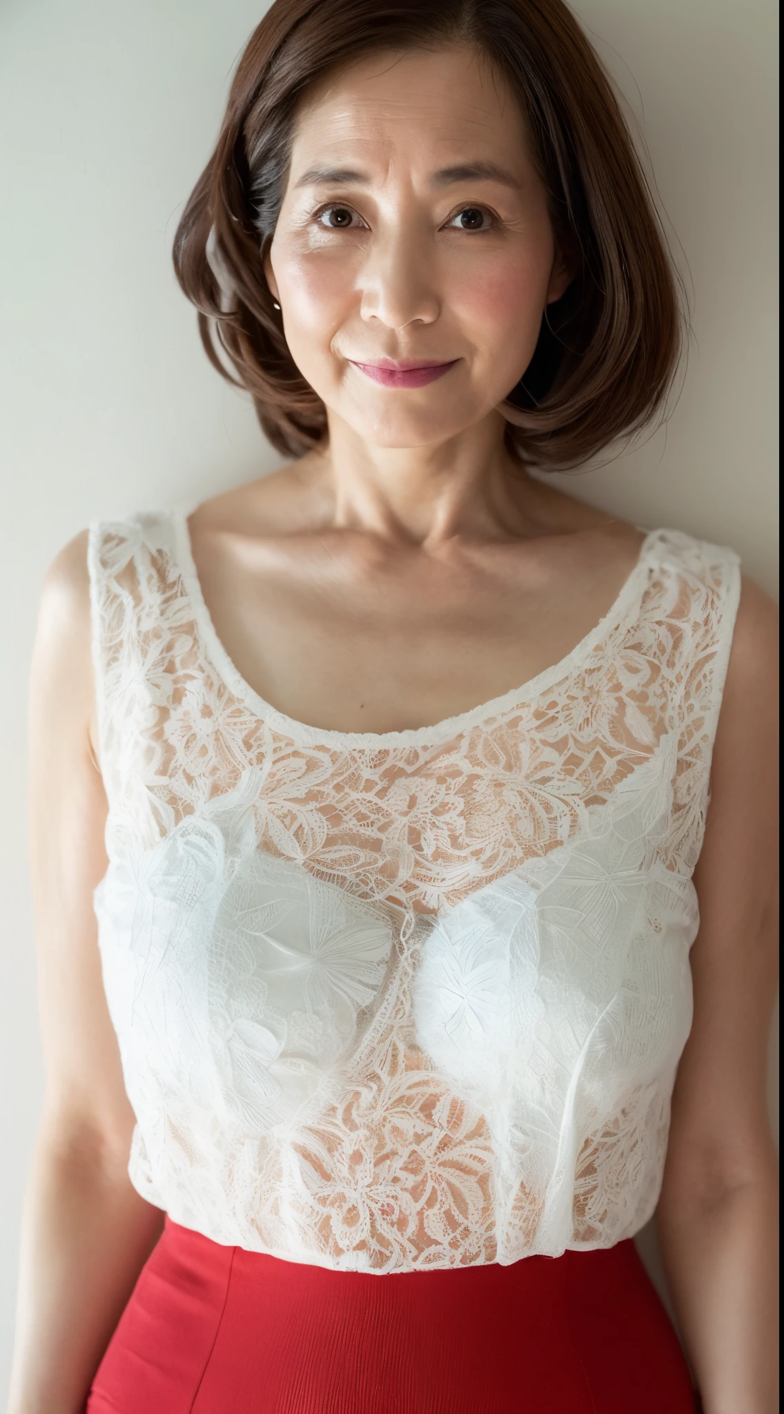 Single-color background, gravure, from the chest up, masutepiece, Best Quality, Ultra-detailed, Photorealistic, super detailed skin, Perfect Anatomy, (1 japanese mature woman), (Solo), 90 years old, 面長, Large breasts, Mature AV Actress, glamor, A sexy, Chromo-white skin, Looking at Viewer