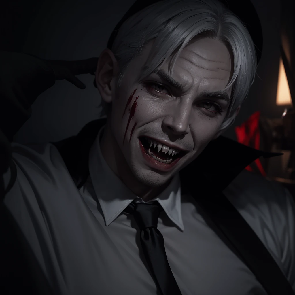 White short-haired male vampire, Old style dark suit, fun pose, close angle,Long fangs in the mouth，Mysterious smile, Interesting lighting, tmasterpiece, dark fantacy, blood and terror