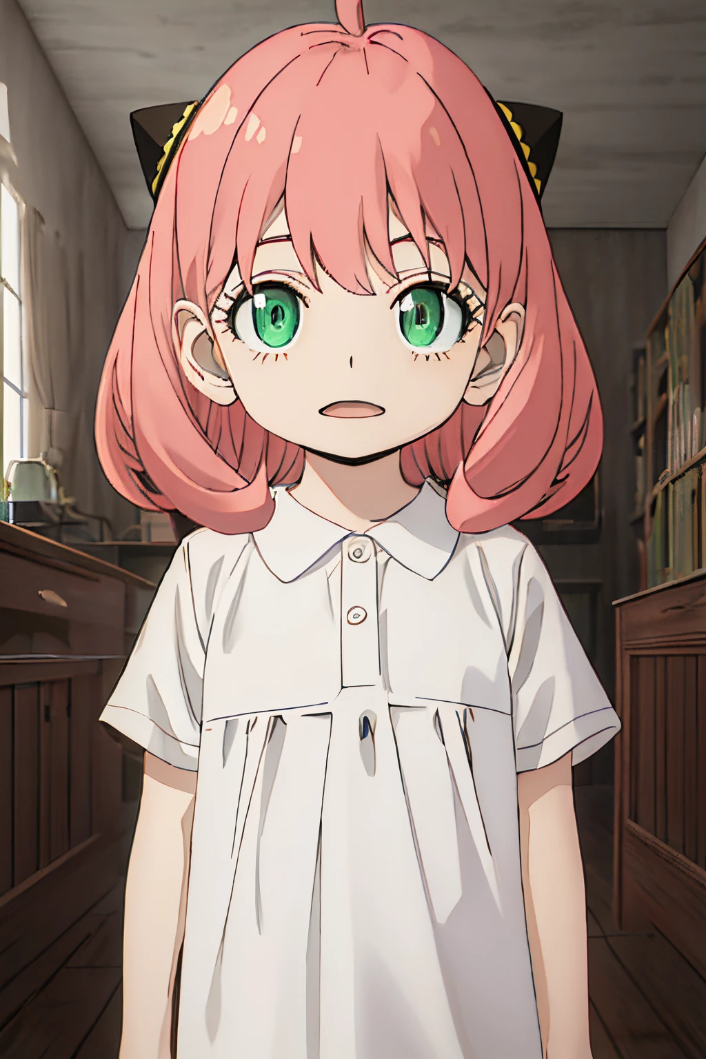 Best Quality, masutepiece, hight resolution, Solo, {Anya_Forger_SPYXFamily:1.15}, Pink_hair, Female_child, child, Green_Eyes, Open_Mouth, Bangs, 1girl in, Closed_Mouth, meme, Ahoge, 上半身_Body, Medium_hair