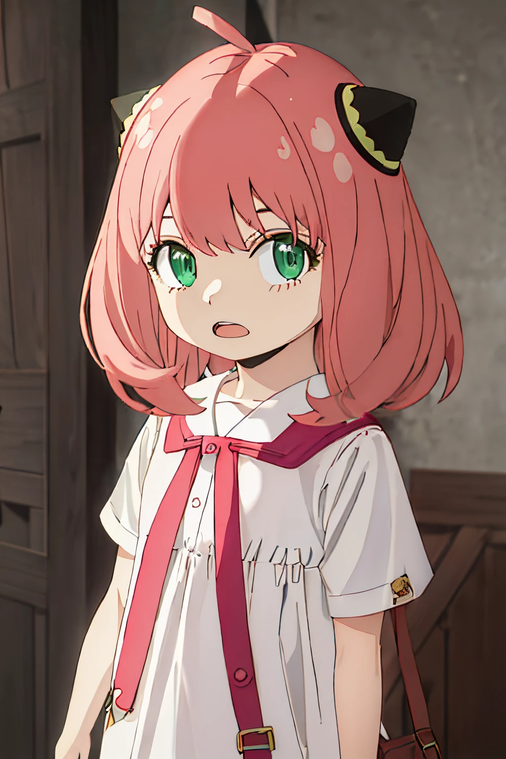 Best Quality, masutepiece, hight resolution, Solo, {Anya_Forger_SPYXFamily:1.15}, Pink_hair, Female_child, child, Green_Eyes, Open_Mouth, Bangs, 1girl in, Closed_Mouth, meme, Ahoge, 上半身_Body, Medium_hair