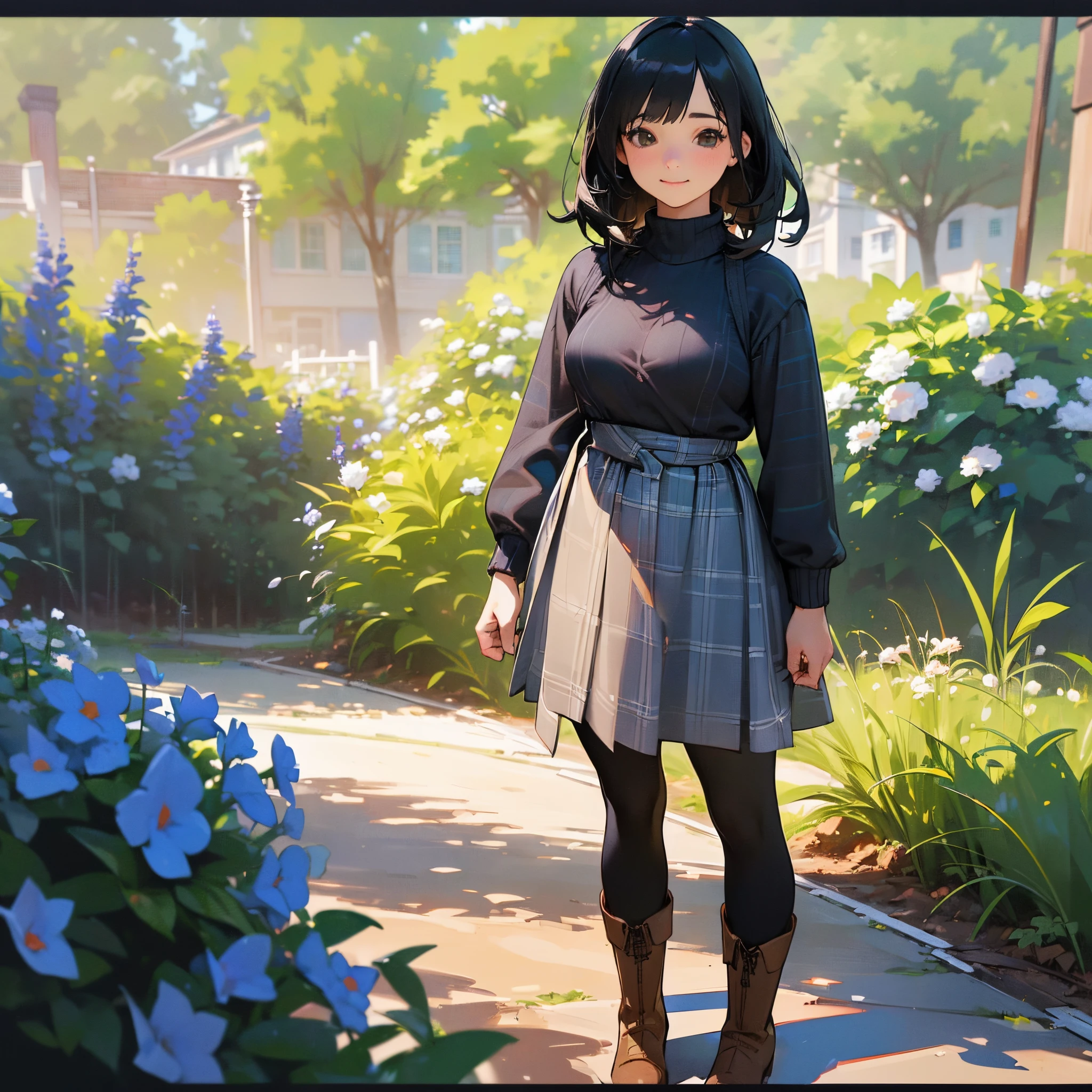 (High quality, High resolution, Ultra-detailed, Realistic:1.37), peaceful ambiance, (plein air, garden), Teenage girl standing alone, (My breasts are big.), Beautiful detailed features, Cute smile, (Black bob hair), Rib Sweater, blue plaid skirt, Black tights, Brown boots.