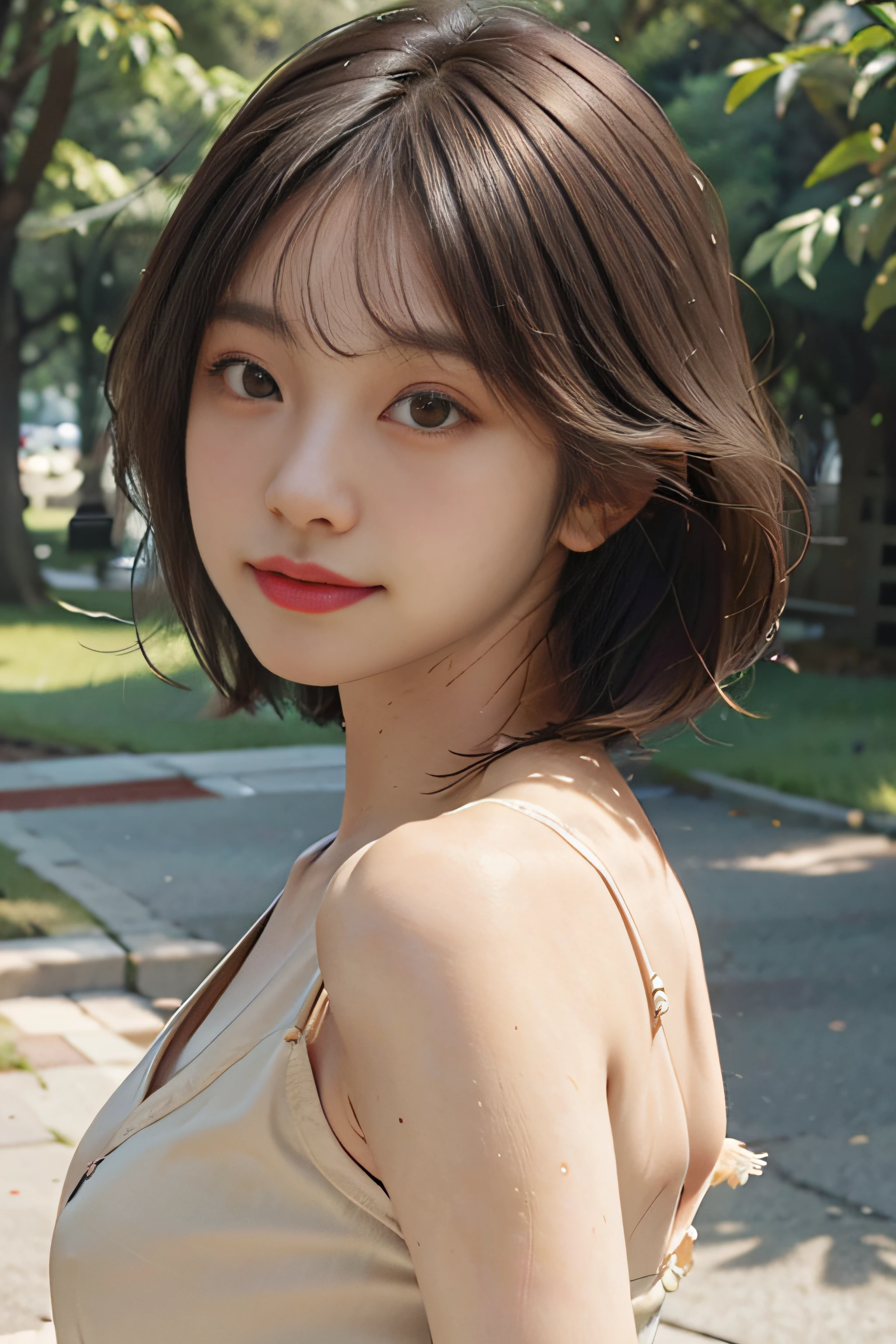 masterpiece, add skin, Best Quality, Ultra-detailed, finely detail, Height resolution, 8K Wallpaper, Perfect dynamic composition, Beautiful detailed eyes, Natural Lip, light brown hair, Very short bob hair, bangs cover eyebrows, Yellow dress, extremely small breasts, standing in park, Look back, Smile, Portrait