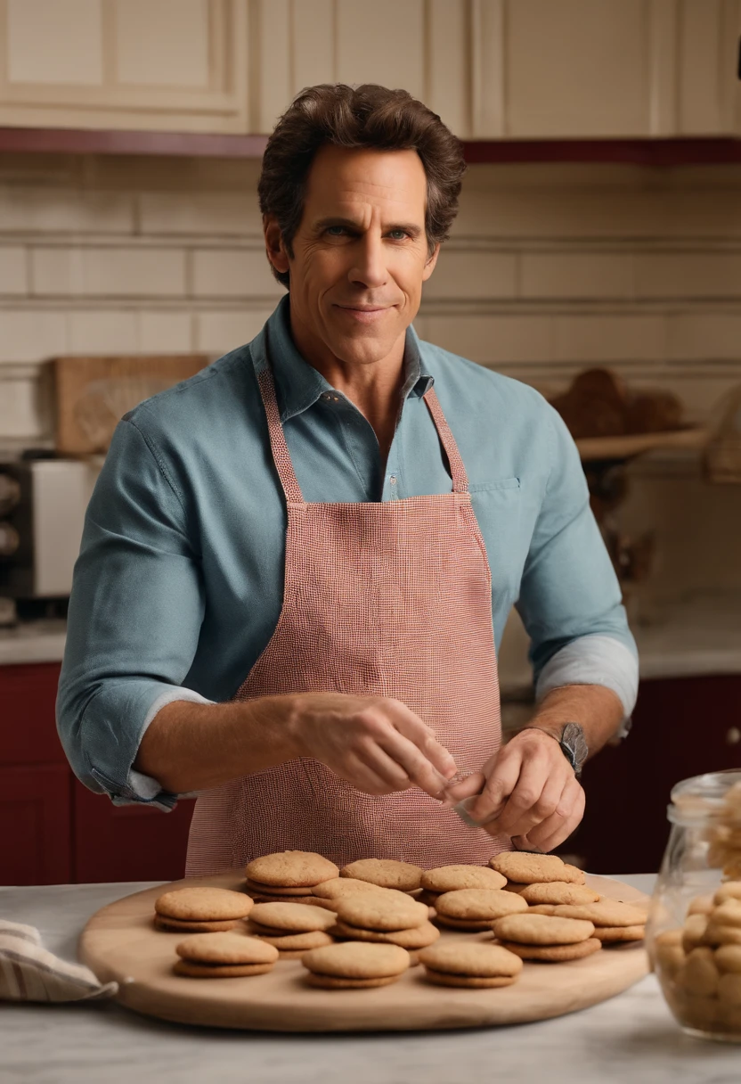A snapshot of Greg attempting to bake a batch of homemade cookies for the family,Meet the Parents film series,Greg Focker, the fictional character portrayed by Ben Stiller in the “Meet the Parents” film series, presents as an everyman with a relatable and approachable demeanor. He has an average build and height, with a generally unassuming appearance, often dressed casually in a way that underscores his down-to-earth and slightly awkward personality. His expressive facial features often convey his frequent discomfort and the comedic anxiety he experiences in various situations throughout the series.