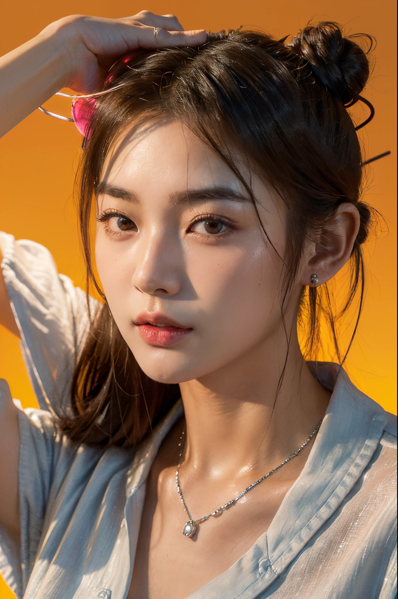 (8K:1,5),(double bun hair:1.2)、light brown eyes、(The expression is solemn)、(Large breasts:1.4)、Emphasize the valley、(真实感)、shadowing、(The golden ratio of face shape:1.2)、(intricately details:1.2)、(masterpiece、:1.3)、(top-quality:1.4)、(超高分辨率:1.2)、超高分辨率、(詳細な目)、(Detailed ears)、(Detailed eyebrows)、(Detailed mouth)、(detailedfacialfeatures)、((silver necklace))、Luxury night bar,(Colorful neon shirt),((Chopping,Unbuttoned):1.2),(neonlight:1.4)、(On the head:1.8)