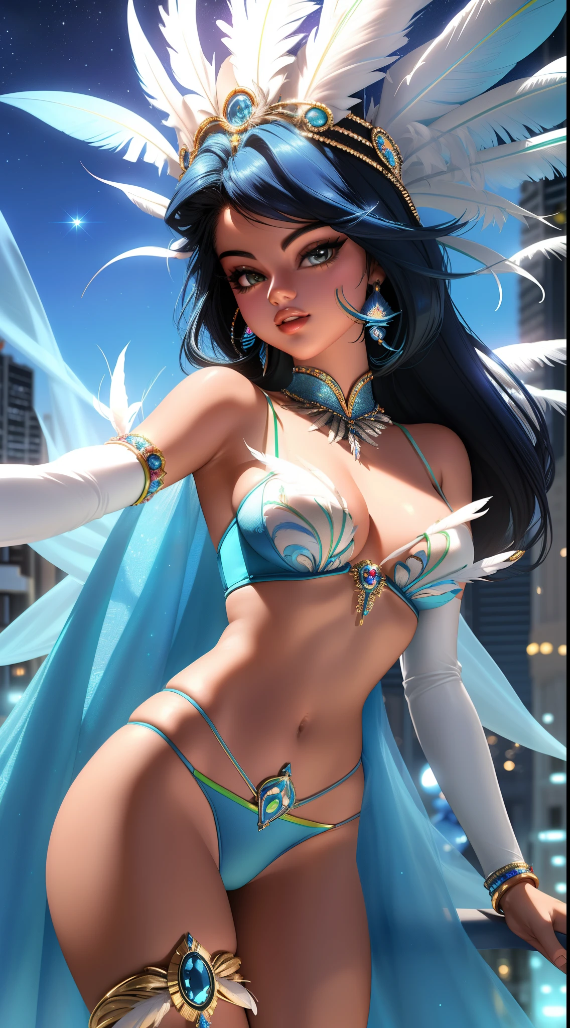 Selena Gomez vestida con un traje azul con plumas, Carnaval de fondo, Futurismo afro, Carnaval de Brasil, (post nocturno city Brasil colors:1.4) rendering of beauty pageant, Hermosa ciudad solo para mujeres negras, Antecedentes del carnaval, exotic costumes, Hermosa obra de arte digital, Reina Africana, Estilo afrofuturista, Afrofuturismo, Tendencias en la sociedad CG, Estilo Fantasy 8 K Octano Render,(Brazilian carnival lingerie blue encaje:1.4), ,More detailed 8K.motor irreal:1.4,UHD,La mejor calidad:1.4, fotorrealista:1.4, textura de la piel:1.4, obra maestra:1.8,obra-prima, mejor calidad,objeto Objeto], (detailed face features:1.3),(manos detailed), (Selena Gomez:1.4),sexy traje lingerie,(plumas white:1.4), (noche nocturna city )
