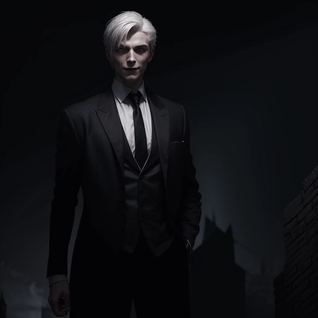 White short-haired male vampire, Old style dark suit, Standing on top of the castle,The ultimate face，Perfect face shape，Handsome，年轻，Cold，close angle,Long fangs in the mouth，Mysterious smile, Interesting lighting, tmasterpiece, dark fantacy, blood and terror