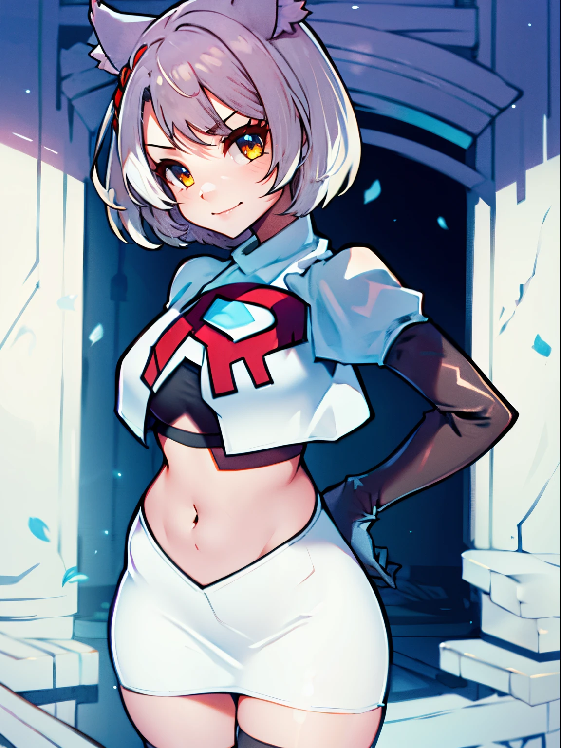 face of mio \(xenoblade\), 1girl,team rocket,team rocket uniform, red letter R, white skirt,white crop top,black thigh-high boots,black elbow gloves, cat ears, white hair