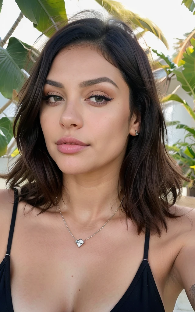 (mejor calidad, ultra detallado) (retrato, hermosos ojos detallados, hermosos labios detallados, ojos y rostro extremadamente detallados), piel clara, cabello negro,cuerpo completo, ojos estrechos, labios carnosos ) bikini rojo