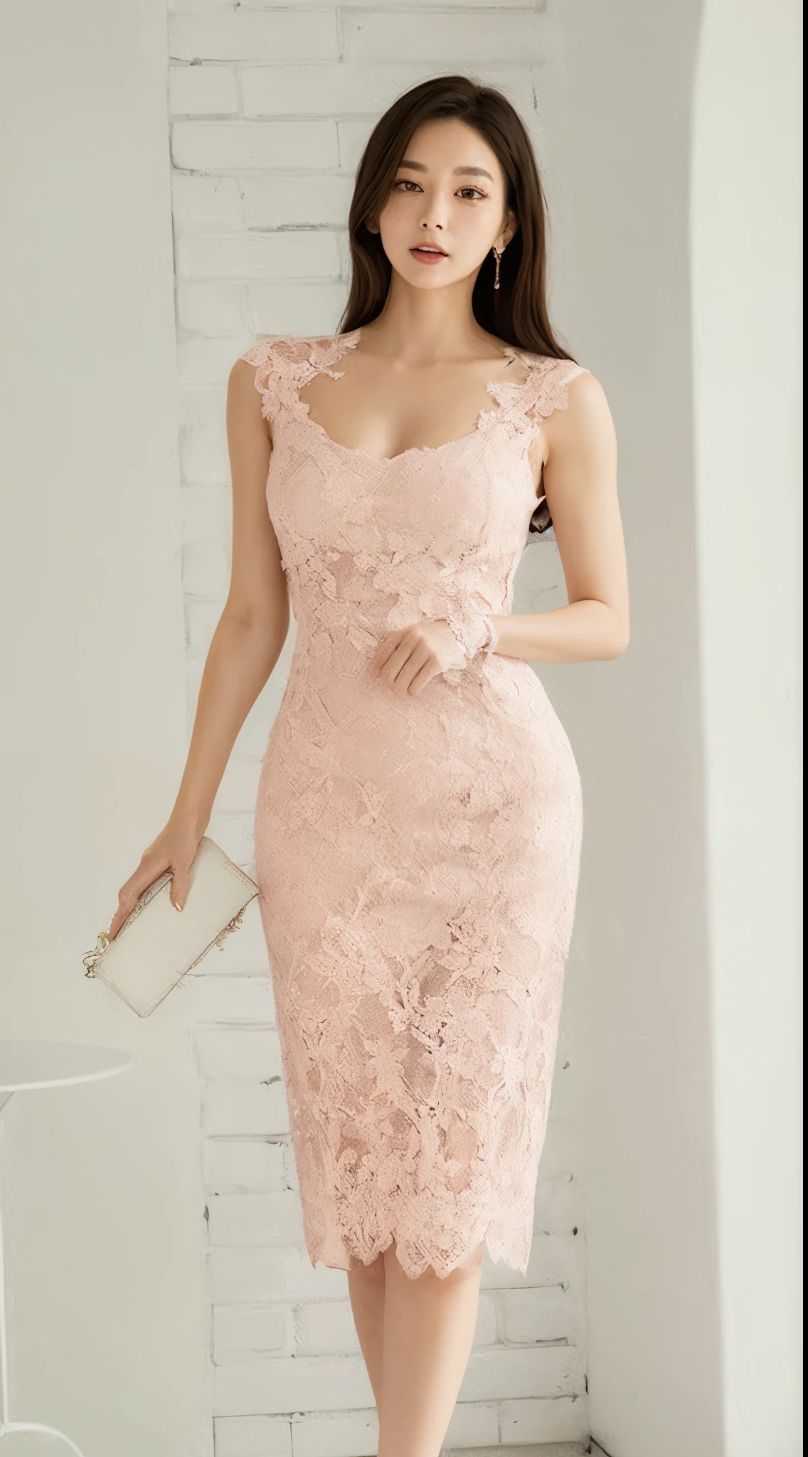 Woman in a pink dress standing next to a white table, Wearing elegant dresses, Elegant dress, Lace dress, sophisticated dress, romantic dress, Pink dress, Wearing a pink dress, Detailed lace dress, wearing a cocktail dress, laced dress, Woman in dress, luxury dress, Dressed in a pink dress, opened dress, beautiful Korean women