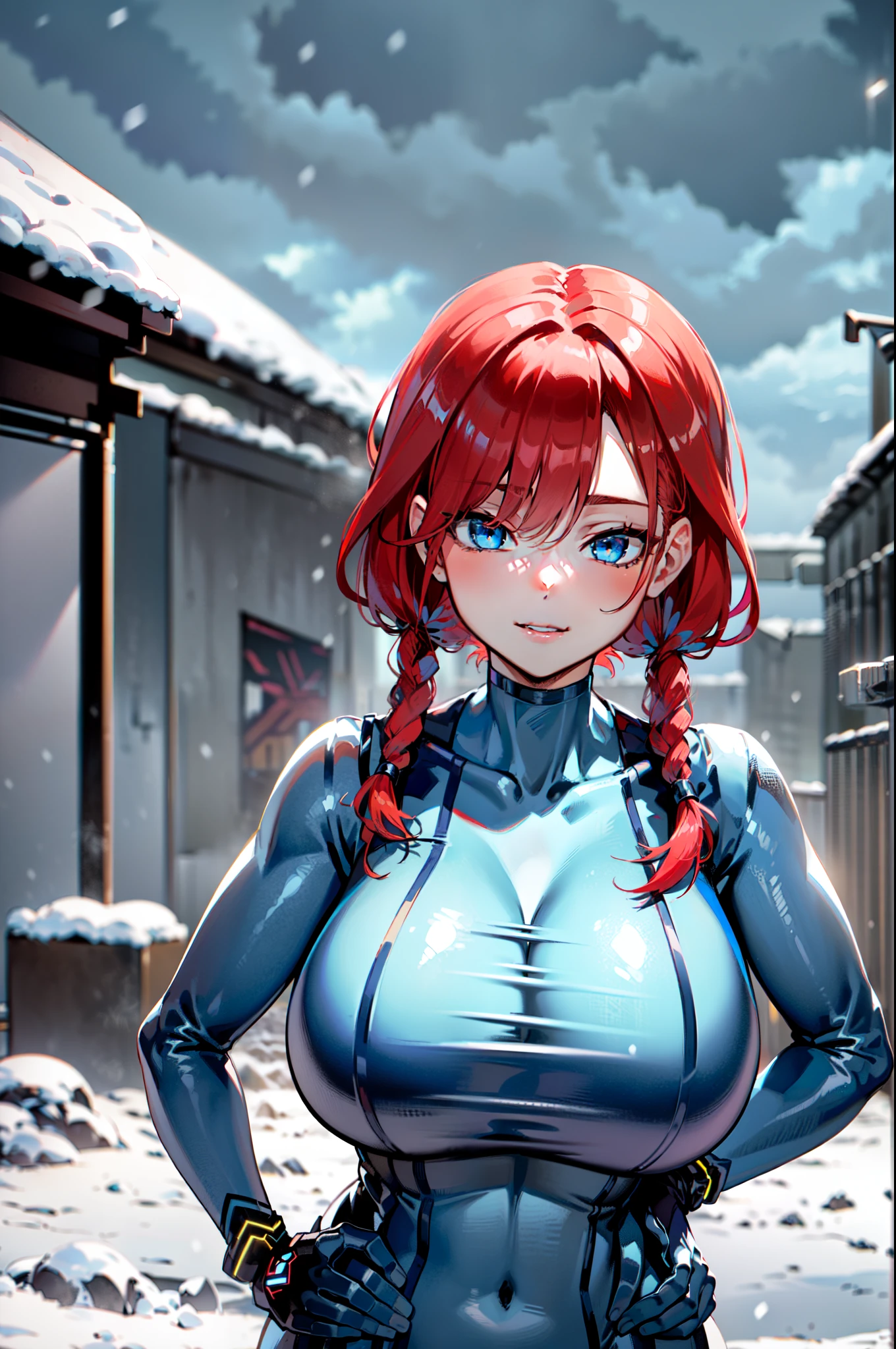 masterpiece, best quality, extremely detailed, 1girl, solo, nakano itsuki, (huge breasts:1.4), ((((red hair), very long hair, twintails, blue eyes))), parted lips, (((zero suit, covered collarbone, blue gloves))), ((light smile), closed mouth), ((hands on own hips, dystopian cityscape, winter, snowing, storm clouds))