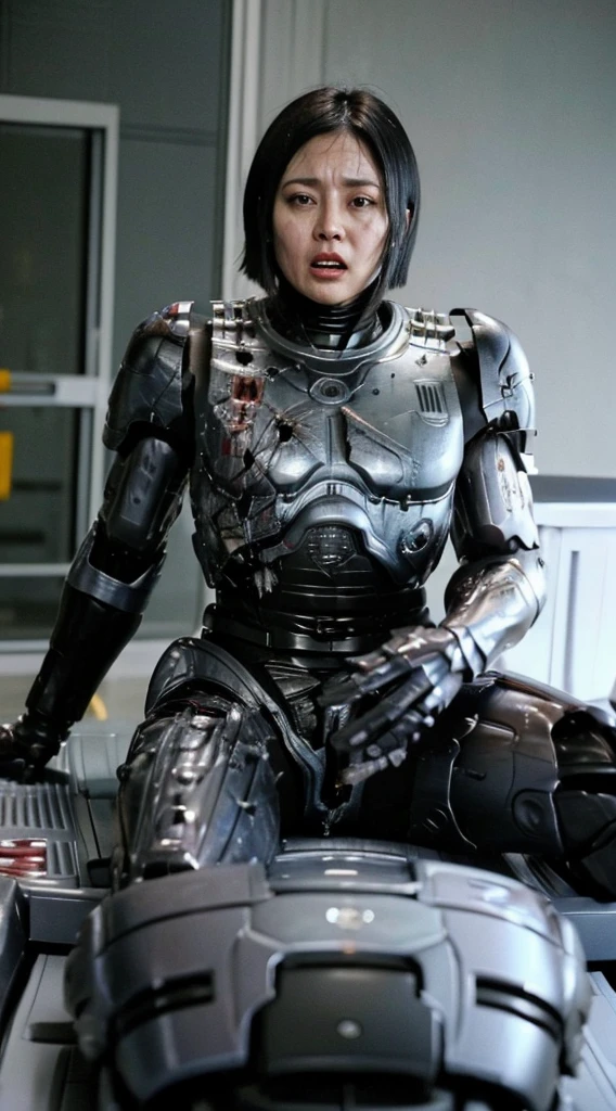 ((Sit with your legs apart))((Fulll body Shot))Middle-aged woman　Sweaty face、black weight robot suit、Full Black Armor, Black hair、Heavy Cyborg、Sweaty face、、Open the legs、((heavily damaged and destroyed armor))、Opening Mouth、、((Carried on a stretcher)) sexy eye　short-haired、Blood from the mouth、((severe damage to the whole body,,))、groggy expression、Bleeding　syncope