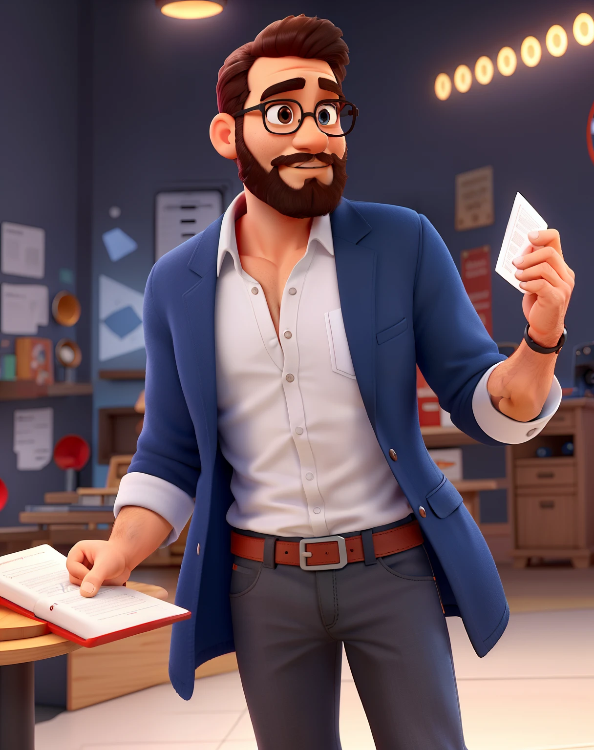 Pode melhorar barba mais rala com uns fios brancos, Make the full body appearing white red shoes. Man stands on black background on a speaker-like stage with microphone in one hand and book in the other in Disney pixar style best quality, maior qualidade.