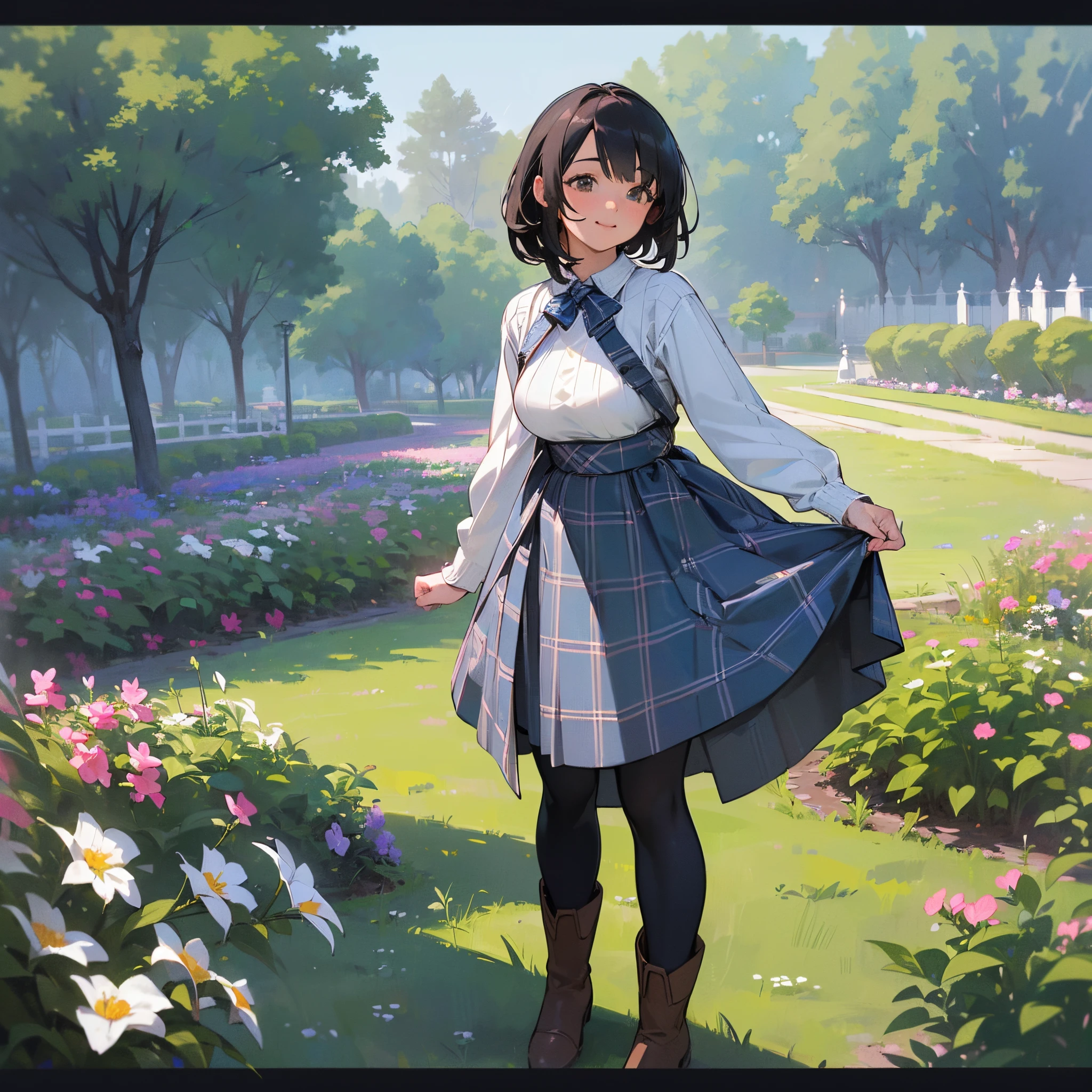 (High quality, High resolution, Ultra-detailed, Realistic:1.37), peaceful ambiance, (plein air, garden), girl standing alone, (My breasts are big.), Beautiful detailed features, Cute smile, (Black bob hair), Rib Sweater, blue plaid skirt, Black tights, Brown boots.
