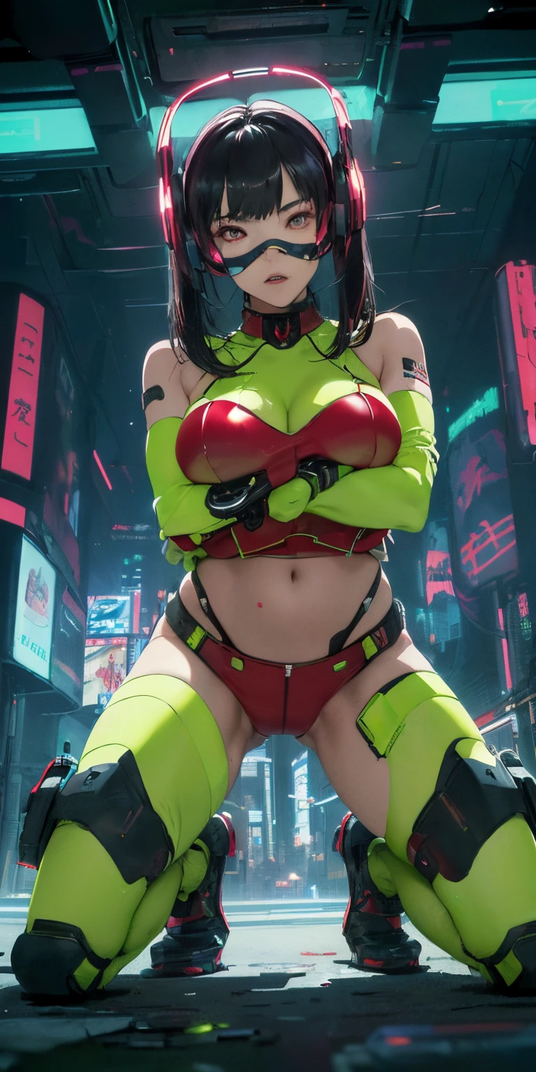 top-quality))、((​masterpiece)、Big breasted cyberpunk kneeling with hands on the ground、Big buttocks、Electronic visor attached to 12-year-old girl's face with emphasis on buttocks、Cyberpunk Fashion、Sexy Posing、((Wearing red body spats on the lower body))、Breasts enlarged、Neon lights in dark city at night、(Various poses)