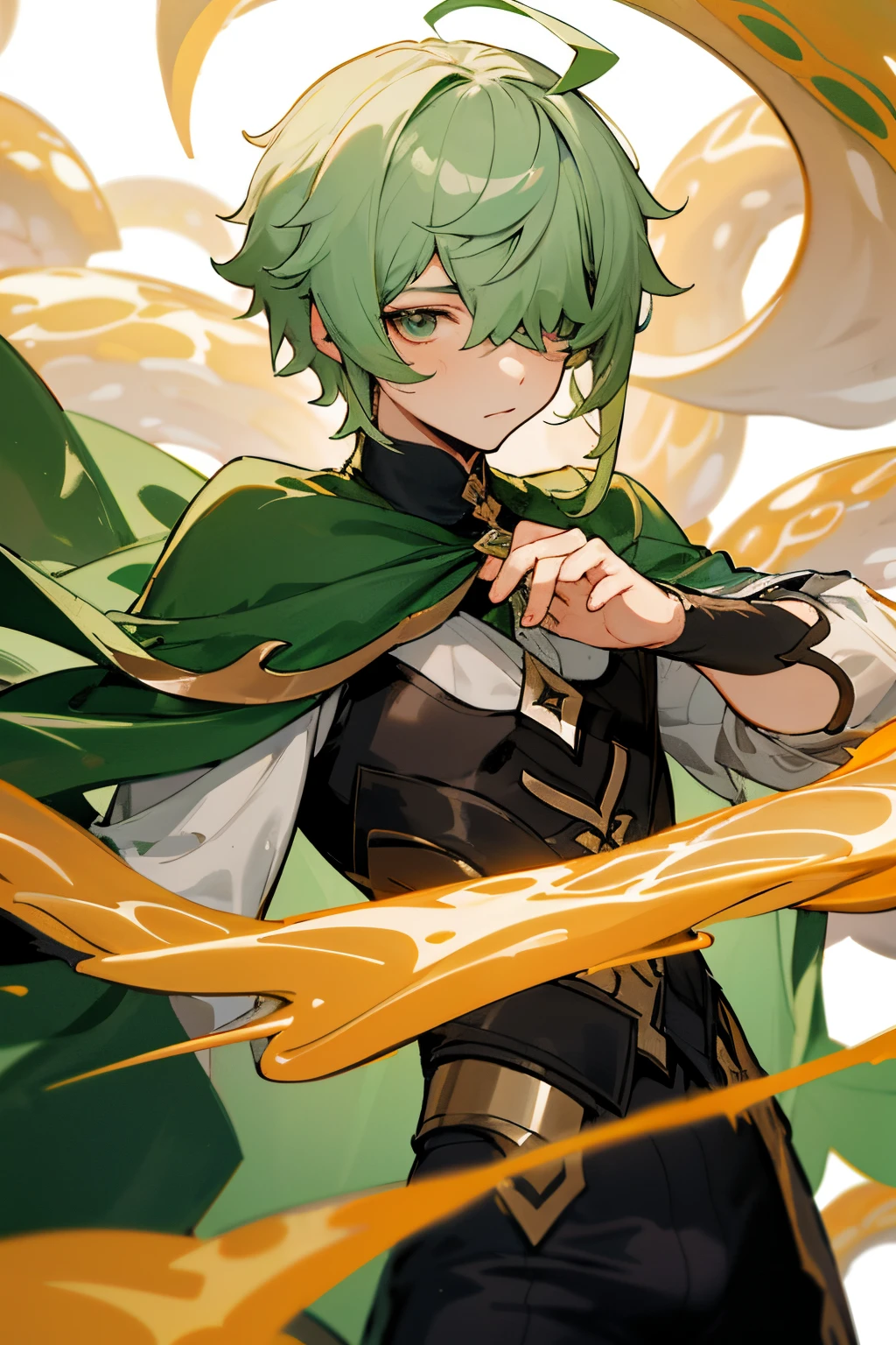 masterpiece, best quality, dainsleif\(genshin impact\), alhaitham\(genshin impact\), male focus, 1boy, bulge, tentacles on male, solo, tentacles, ahoge, shirt, green cape, hair over one eye, bangs, restrained,
