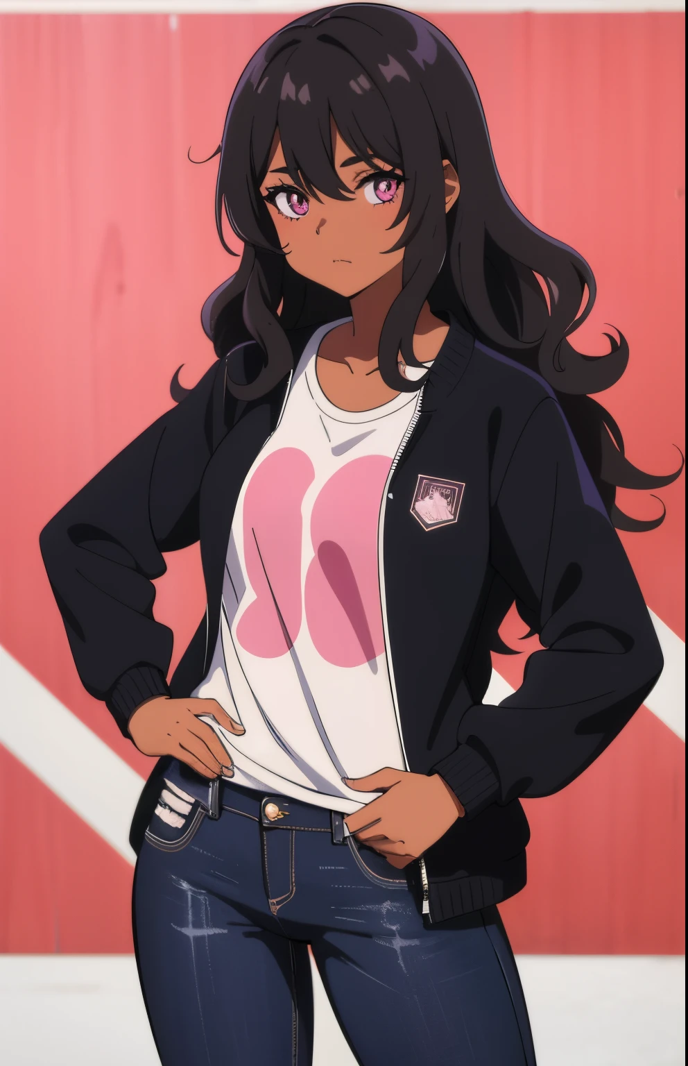 1 girl, brown skin, (masterpiece), curly hair, Small breasts, Black hair, pink eyes, Black jacket, white shirt, jeans, anime girl, latina,