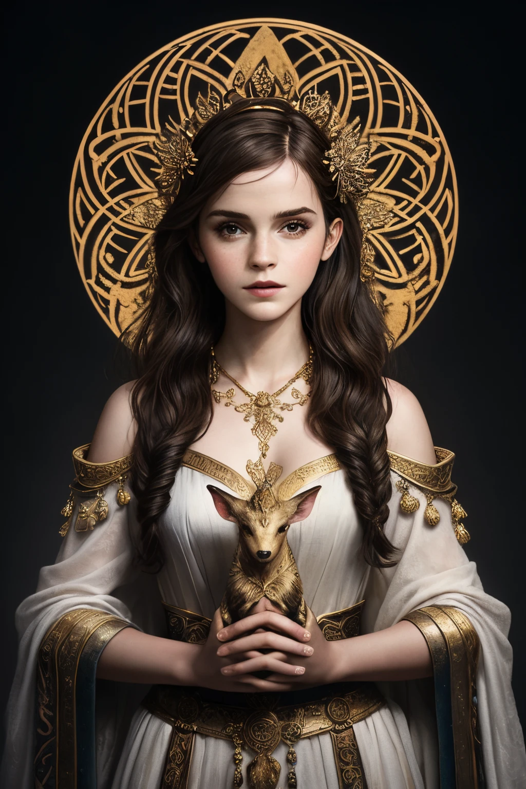 "Generate an AI-powered artwork that envisions Emma Watson as a mythical figure, seamlessly weaving elements of classic mythology into her portrayal. Picture her in an ethereal setting, adorned with symbolic motifs representing various myths and legends. Incorporate iconic elements from mythology, such as celestial symbols, mythical creatures, and elements associated with wisdom and enchantment. Infuse the scene with a sense of magic and mystery, capturing Emma Watson's grace and intellect in a mythical context. Use a sophisticated color palette that harmonizes with the enchanting atmosphere. The final image should be a visual homage to Emma Watson, reimagined as a modern-day mythical being, embodying the timeless allure of ancient legends."