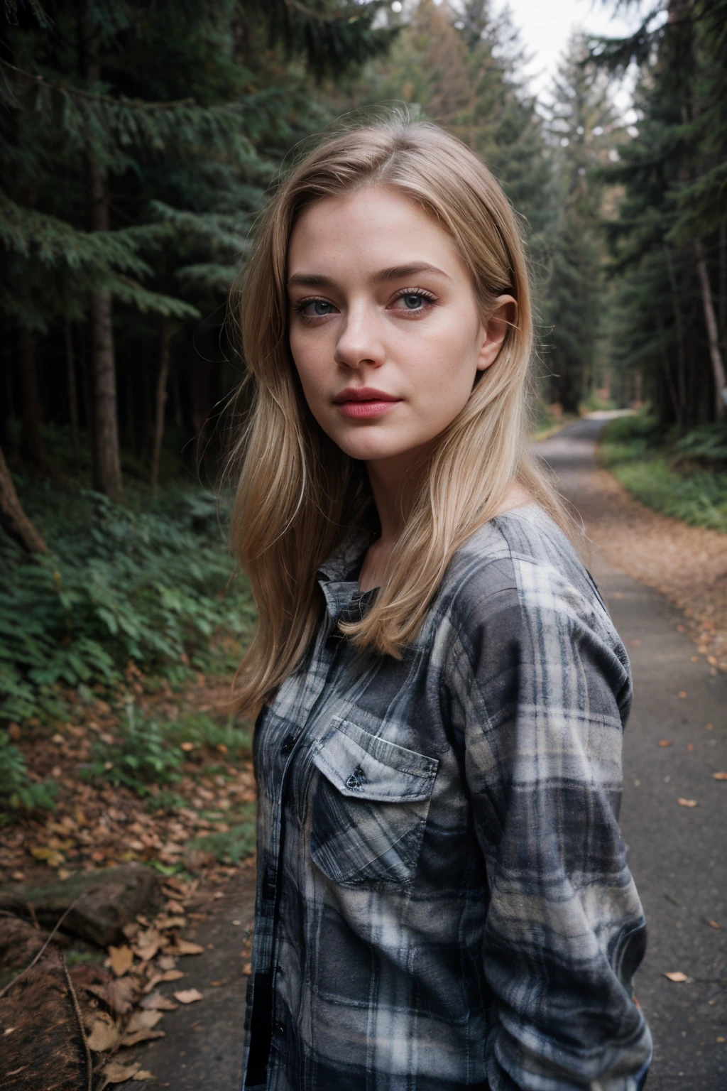 photo of beautiful 24 y.o Kate Mildrew, medium length blonde hair, blue eyes, detailed eyes, pale skin, ecstasy, an air of superiority, forest, hiking, flannel shirt, joy, passion, gym clothes