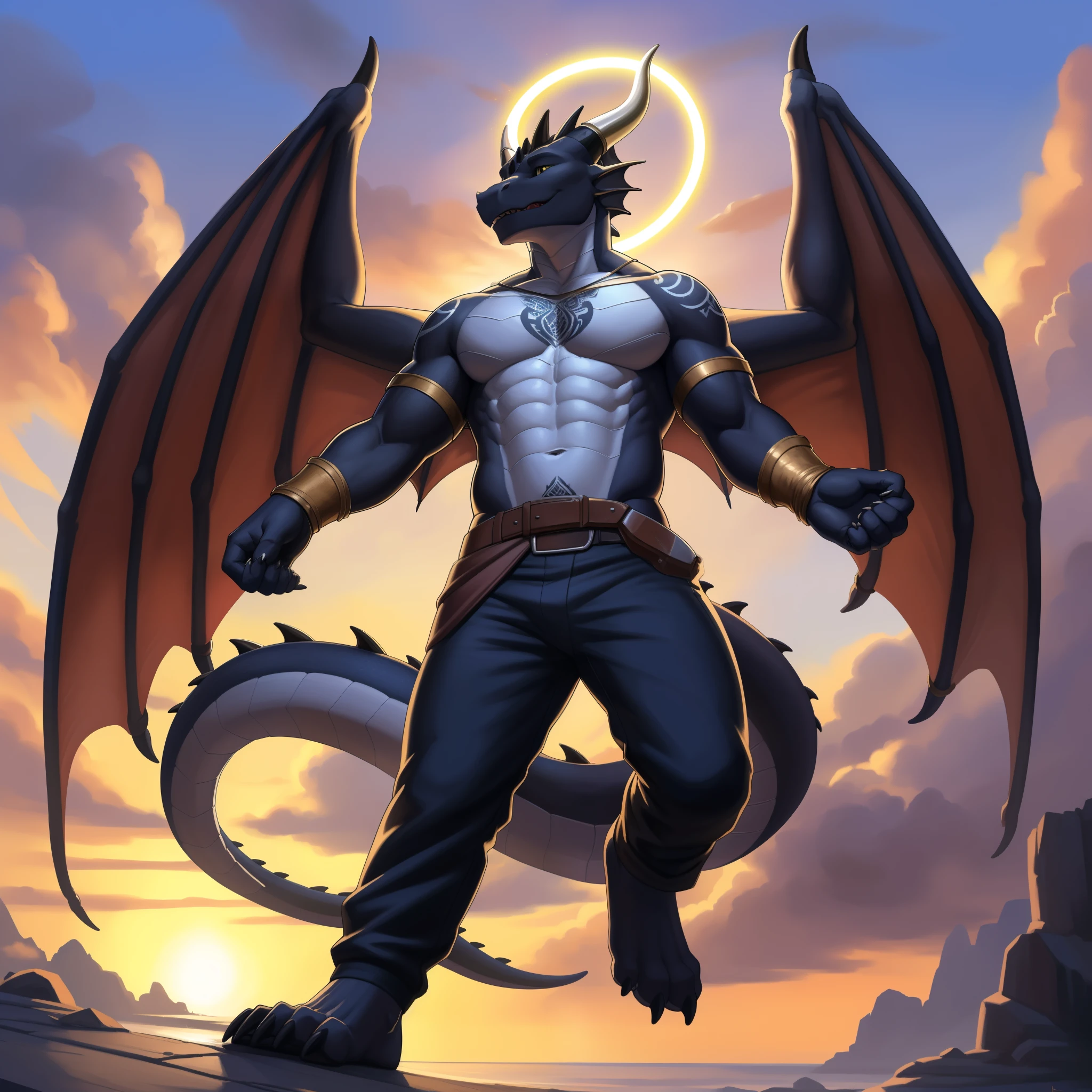 (masterpiece, best quality, high quality, highres:1.4), detailed, extremely detailed, bright lighting, 4K, (by ruaidri), yupa, kiyosan,(by meesh), (by fffffolder)), delga: ( slim, athletic, dragon, black body, smooth skin, athletic muscle, anthro legs, Godly appearance, ((skin glowing)), glowing skin, ((young)), (dragon feet), (toe claw), black spikes, (detailed eyes), dragon horn, ((dragon tail)), tail attached to waist, 1tail, ((dragon wings)), bare_shoulders, (clothing, handwear:(vambraces), bottomwear:(pants:black, [[leg armor]]))), beautiful, (((heroic aura))), closed_mouth, covered in tattoos, has tattoos, tattoos covering the chest and arms, tattoo sleeves on both arms, descending from the clouds, divine presence, radiating, angelic, halo, casual