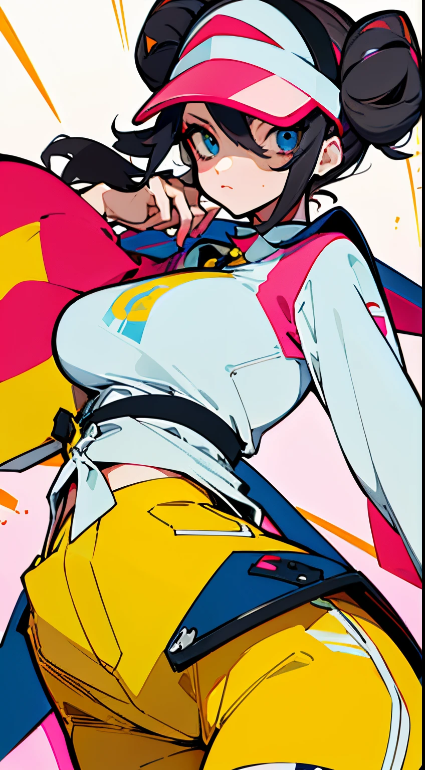 (Best Quality), (masuter piece), (Pokemon female characters、Rosa) (side lights:1.2), Hair bun, Blue eyes, Twin-tailed, Visor Cap, pantyhose, raglan sleeves, Yellow shorts, The shirt、wrist watch ,(Big Breast)