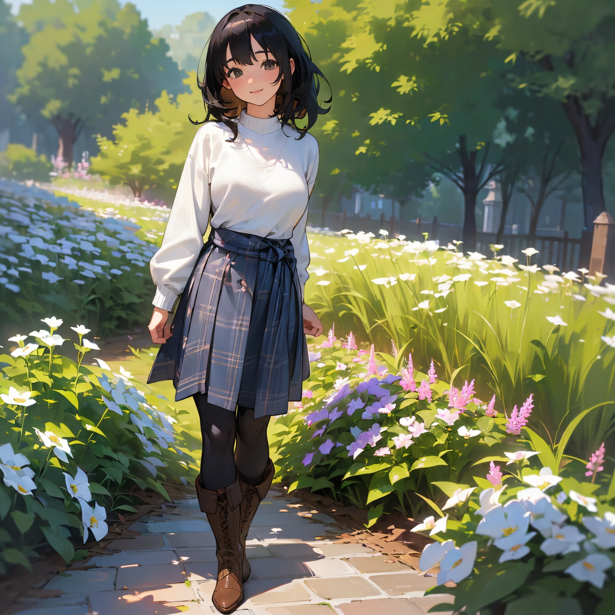 (High quality, High resolution, Ultra-detailed, Realistic:1.37), peaceful ambiance, (plein air, garden),  girl standing alone, (My breasts are big.), Beautiful detailed features, Cute smile, (Black bob hair), Rib Sweater, blue plaid skirt, Black tights, Brown boots.