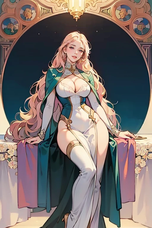 50-year-old woman, middle-aged European, (((MILF))), beautiful alluring noblewoman, (adult face), ((mature woman's face)), full lips, (oval-shaped face), (celestial nose), warm fair skin, small purple eyes, violet doe eyes, very light rose gold hair, pink blonde, pastel pink rose gold hair, very long wavy hair, tareme, long eyelashes, white Rococo fashion-inspired dress with brocade elements, radiant, glowing, luminous, enchanting, elegant, holy, dreamy, romanticism, innocence, serene, compassionate, fine art painting by Yanjun Cheng, Krenz Cushart key art feminine, a character portrait by Oliver Sin and Charlie Bowater, background by James Jean and Alphonse Mucha, ((Alphonse Mucha)), ((intricate detailed)), ((Semi-realistic)), (solo focus), (perfect face:1.1), cleavage, light smile, kind facial expression, ethereal lighting, (high detail:1.1), (((masterpiece))), ((best quality)), fantasy style art, Art Nouveau, full-length portrait, voluptuous body, ((glamour shot full body image)), fullbody illustration, cleavage, sexy clothes, big boobs, huge breasts, low cut dress, showing off legs, wide hips