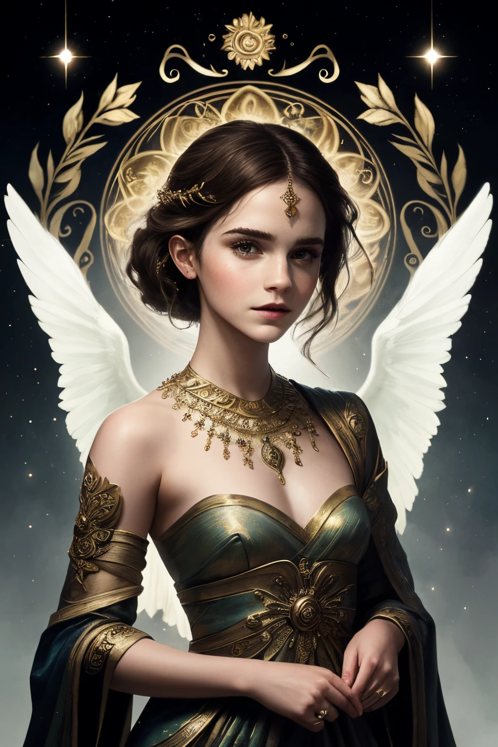 "Generate an AI-powered artwork that envisions Emma Watson as a mythical figure, seamlessly weaving elements of classic mythology into her portrayal. Picture her in an ethereal setting, adorned with symbolic motifs representing various myths and legends. Incorporate iconic elements from mythology, such as celestial symbols, mythical creatures, and elements associated with wisdom and enchantment. Infuse the scene with a sense of magic and mystery, capturing Emma Watson's grace and intellect in a mythical context. Use a sophisticated color palette that harmonizes with the enchanting atmosphere. The final image should be a visual homage to Emma Watson, reimagined as a modern-day mythical being, embodying the timeless allure of ancient legends."