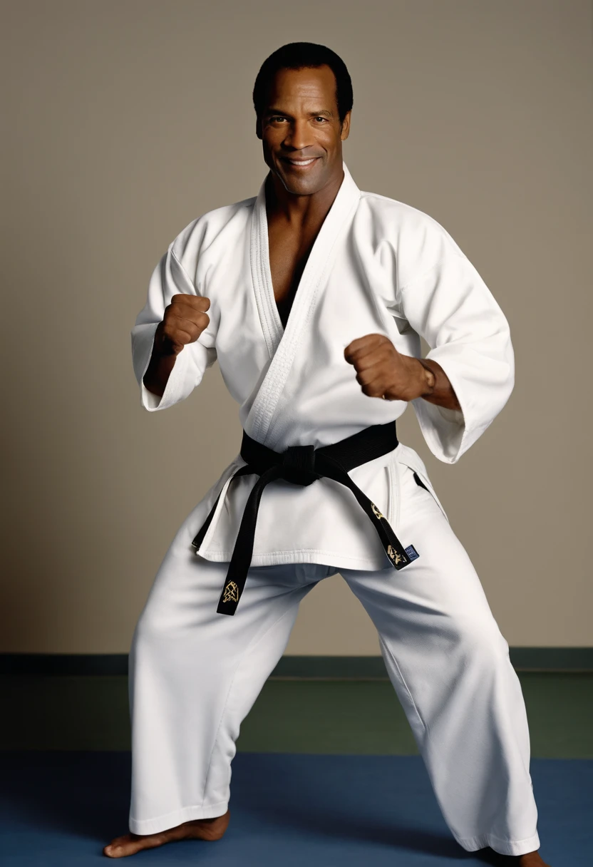 A photo of Simpson practicing martial arts in a dojo,original,O.J. Simpson, “The Juice”, a former American football star, had a commanding athletic build, standing at 6’1” with a strong, muscular frame indicative of his years as a professional athlete. His charismatic smile and confident demeanor were recognizable features, making him a familiar and popular figure in the public eye. , male